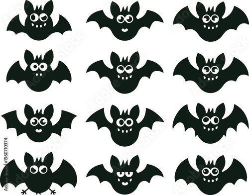 Cartoon Black Bats Collection with Funny Faces – Halloween Clipart Set