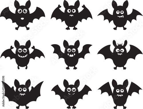 Cartoon Black Bats Collection with Funny Faces – Halloween Clipart Set