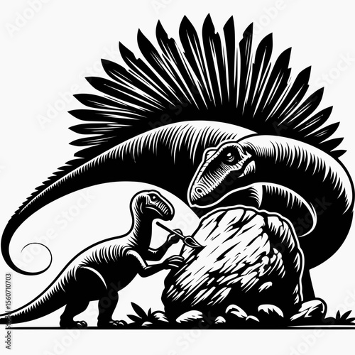 Troodon Examining a Rock in the Prehistoric Forest