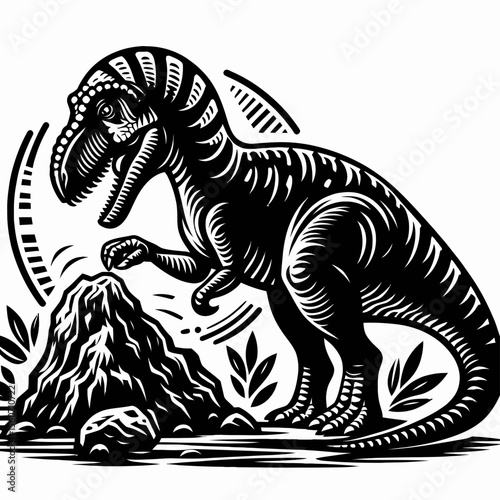 Troodon Examining a Rock in the Prehistoric Forest