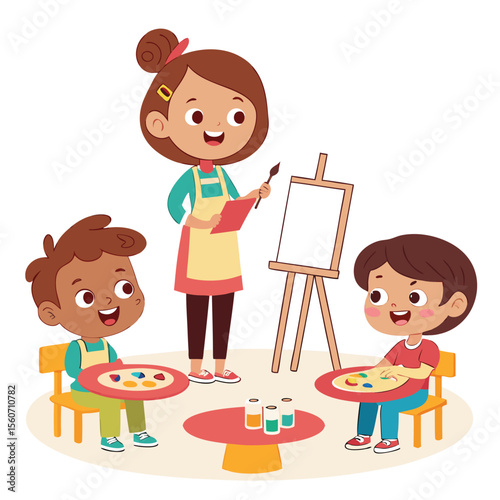 Children engaged in a vibrant art class with their encouraging teacher demonstrating painting techniques on an easel