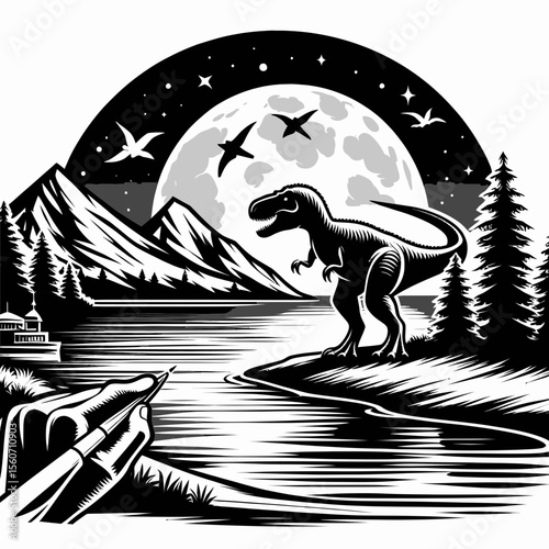 Tyrannosaurus Rex Standing Beside a Calm Prehistoric Lake