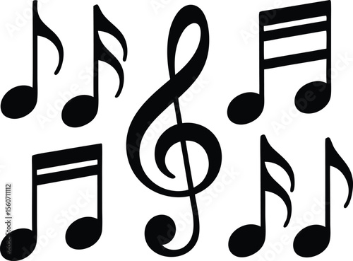 Black silhouettes of musical notes and treble clef isolated on a white background for music concepts