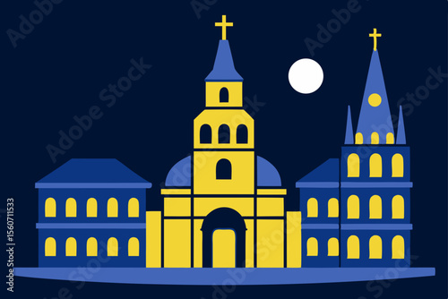 Night Scene of Churches Architectural Illustration of Historic Buildings
