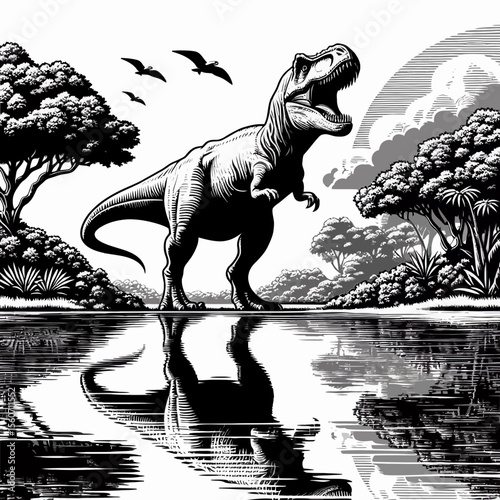 Tyrannosaurus Rex Standing Beside a Calm Prehistoric Lake