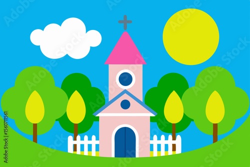 Charming Church Illustration Peaceful Village Scene with Green Trees and Sunny Sky