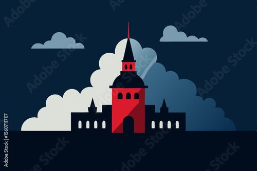Majestic Castle Silhouette Night Cityscape Illustration