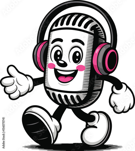Cheerful animated microphone character walking and wearing headphones with a smiling face and thumb up
