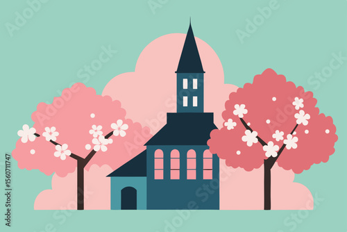 Church in Spring Blossom: A charming church nestled amidst two blossoming cherry trees, symbolizing renewal and serenity. The pastel color palette evokes a sense of peace and tranquility.
