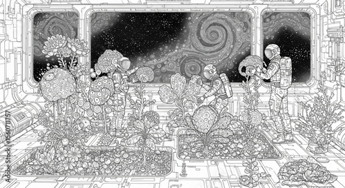 Astronauts Cultivating Alien Flora in Space Station Observatory