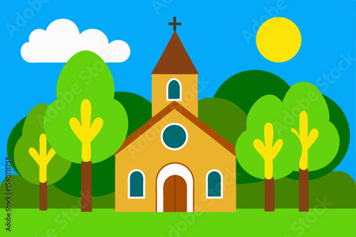 Serene Church Landscape Peaceful Countryside Chapel Illustration