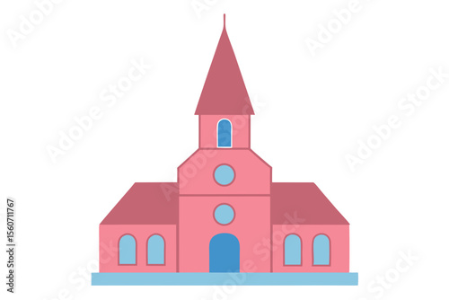 Charming Pink Church Illustration Steeple, Windows, and Architectural Details