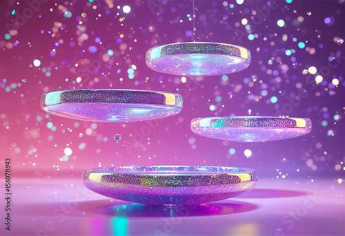 Abstract podiums sparkle on purple in 3D render. Use for product display, marketing, design, or web content.