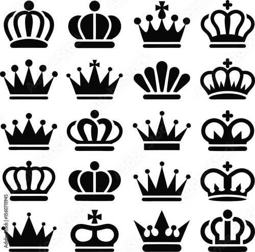 Collection of black and white crown silhouettes illustrating royalty royal symbolism and design elements