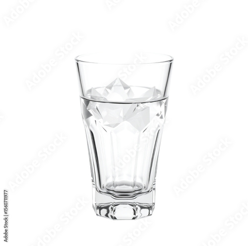 Isolated transparent glass of clear, cold water with ice on a white background, reflecting purity