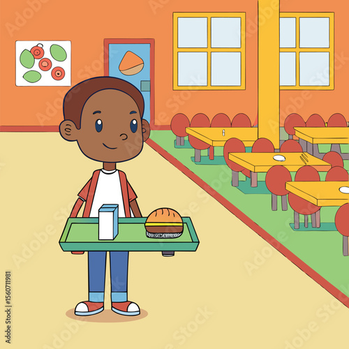 Happy student enjoys lunch at the school cafeteria preparing for a great day of learning