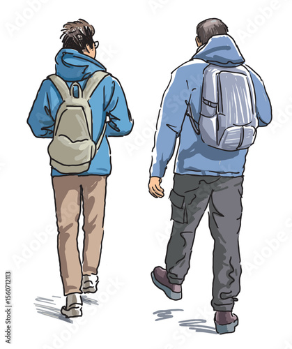Two casual men tourists with backpacks striding outdoors, back view, freehand realistic drawing, vector illustration isolated on white