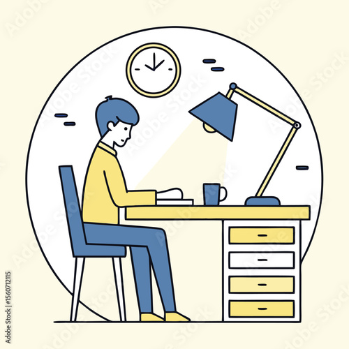 Student studying at a desk with a lamp and clock on the wall for back to school