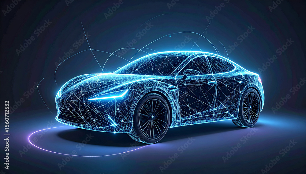 Naklejka premium High-tech electric car created with blue wireframe lines on a dark background. Symbol of smart mobility and future innovation.
