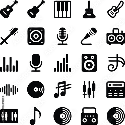 Collection of simple black and white musical instrument icons for creative design projects