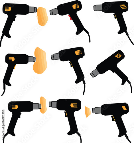 Heat gun vector silhouettes: versatile power tools for paint stripping, shrinking, shaping plastic, and various DIY tasks, essential for workshops, crafts, and home renovation projects.