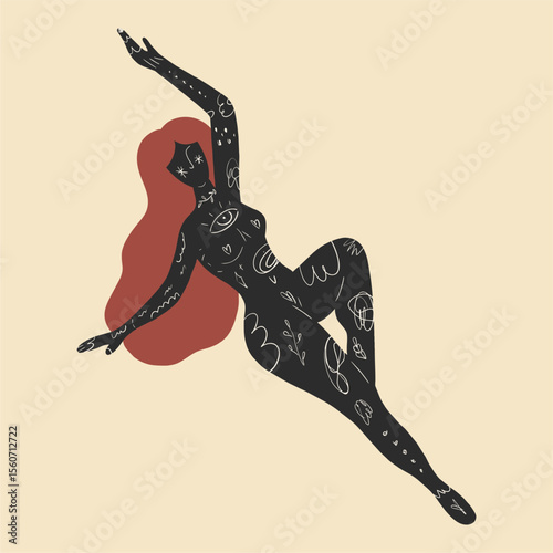 Vector illustration, boho sacred magical woman. Flat holistic healing meditation. Modern abstract black silhouette of girl.