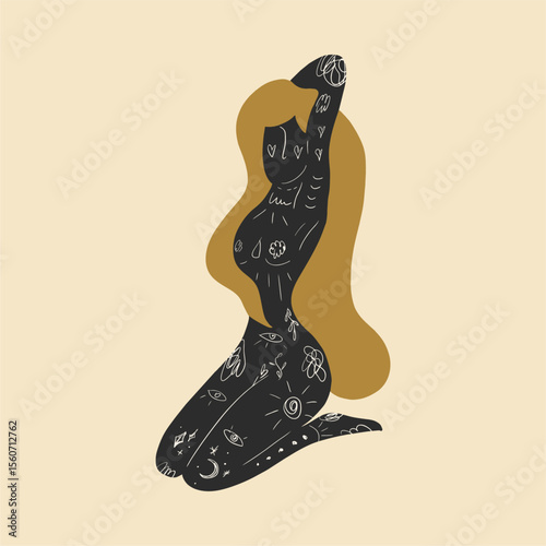 Vector illustration, boho sacred magical woman. Flat holistic healing meditation. Modern abstract black silhouette of girl.