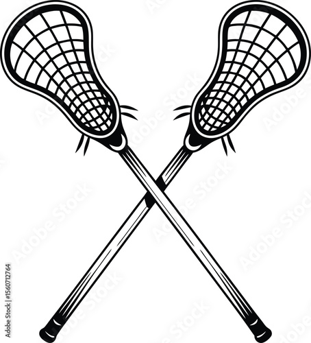 Crossed lacrosse sticks in black and white representing team sport and activity
