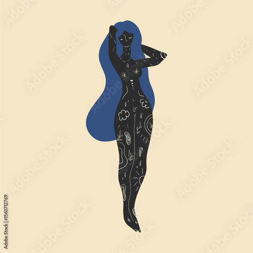 Vector illustration, boho sacred magical woman. Flat holistic healing meditation. Modern abstract black silhouette of girl.