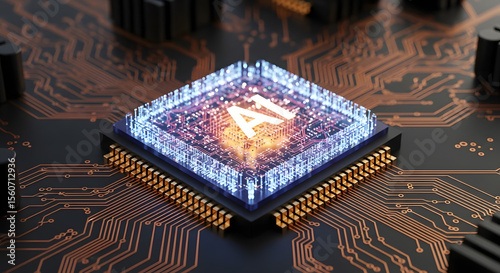 3D rendering of AI chip on a motherboard, glowing and active, tech close-up

