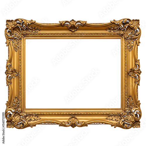 Ornate golden picture frame isolated on a transparent background