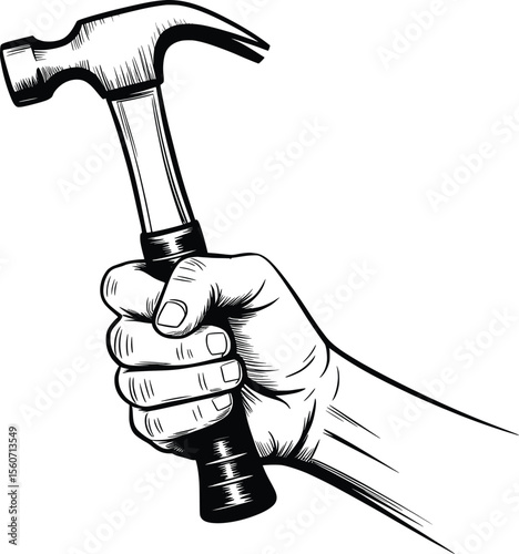 Strong Hand Holding Hammer Vector, Vintage Black and White Power Tool Illustration.

