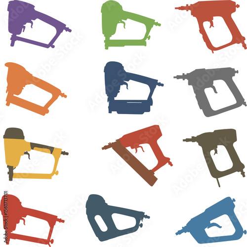 Colorful nail gun vector illustrations: essential power tools for construction, carpentry, and woodworking, providing efficient fastening for framing, finishing, and various building projects.