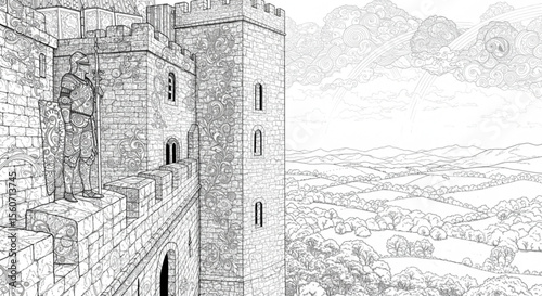 Medieval Castle Illustration Guard on Wall overlooking Landscape
