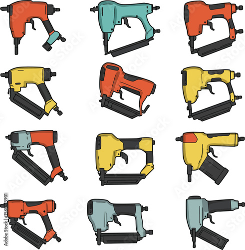Colorful nail gun vector illustrations: essential power tools for construction, carpentry, and woodworking, providing efficient fastening for framing, finishing, and various building projects.