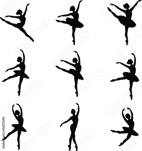 Graceful black silhouettes of ballerinas demonstrating beautiful ballet poses against a white background