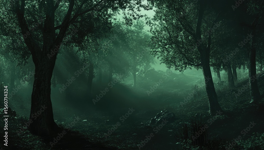Fototapeta premium Misty, emerald green forest. Sunlight streams through trees