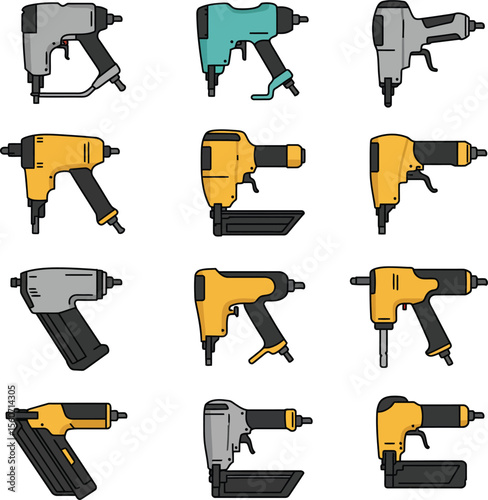 Colorful nail gun vector illustrations: essential power tools for construction, carpentry, and woodworking, providing efficient fastening for framing, finishing, and various building projects.