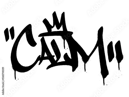 Calm black graffiti tag with spray paint texture and drips. Transparent background. Urban-style tag for chill but strong sigma personality design.