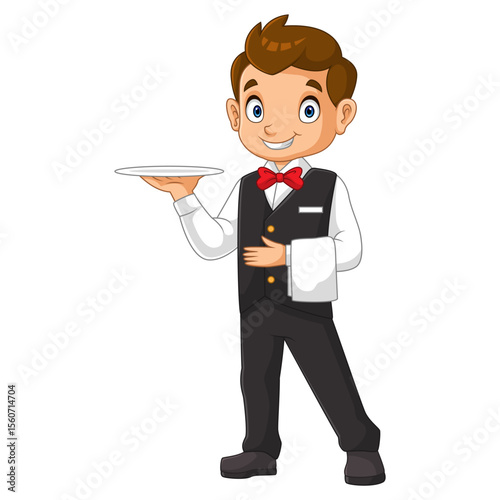 Cute cartoon waiters standing carrying plates