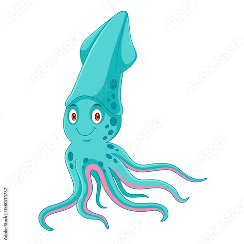 Cute cartoon happy squid isolated on white background