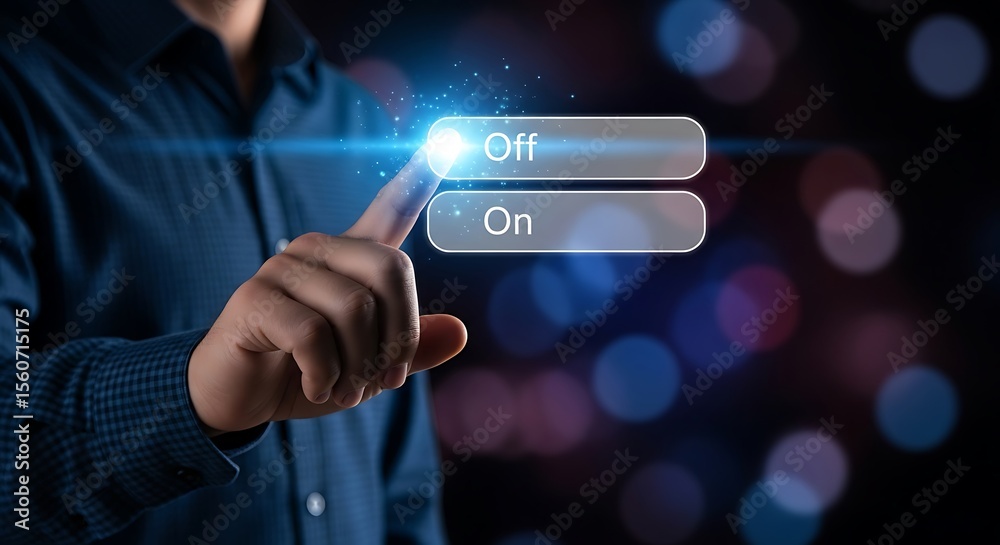 Person Finger Pushing Virtual Toggle Switch Button to Turn System Off Person Finger Pushing Virtual Toggle Switch Button to Turn System Off