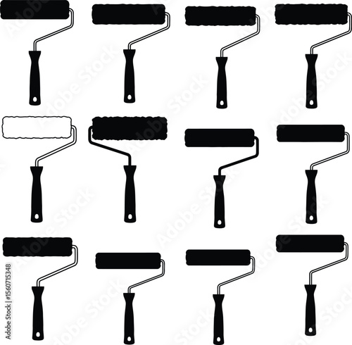 Paint Roller Silhouette Vector Icon Set. Essential Painting Tool Outlines for Home Renovation, DIY, and Decorative Projects. Wall and Ceiling Painting Equipment.