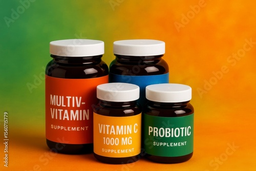 Four supplement bottles with white lids on a colorful background view