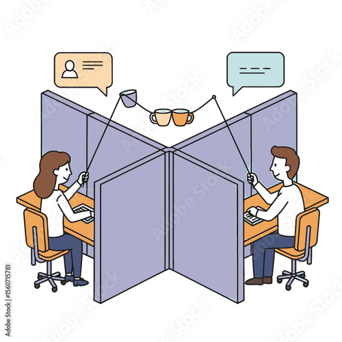 Two people in adjacent cubicles use a cupandstring phone to communicate at their desks