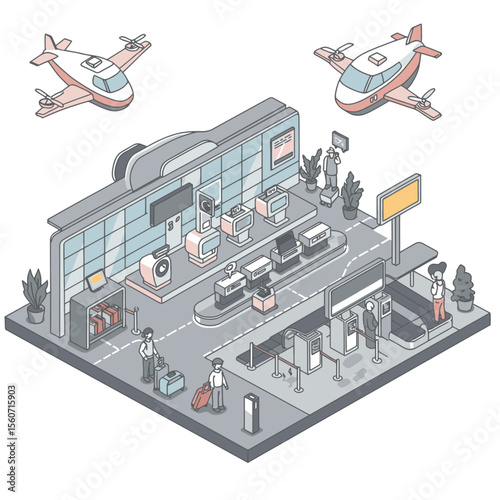 Isometric illustration airport scene featuring security merchandise and drones