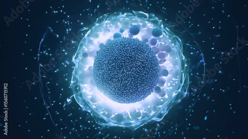 Animated spherical cell undergoing mitosis surrounded by glowing particles in dark blue fluid. Concept of biology, life formation and microscopic science