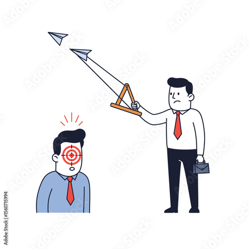 Cartoon Man uses slingshot to launch paper airplanes at another mans face target