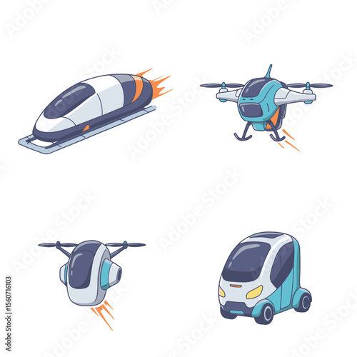 A pixel art grid of four futuristic transportation vehicles on a white background