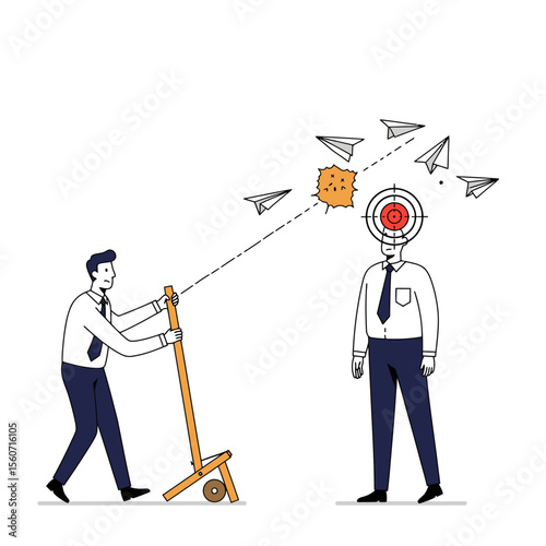 A person fires paper airplanes at another person with a target on their head using a slingshot